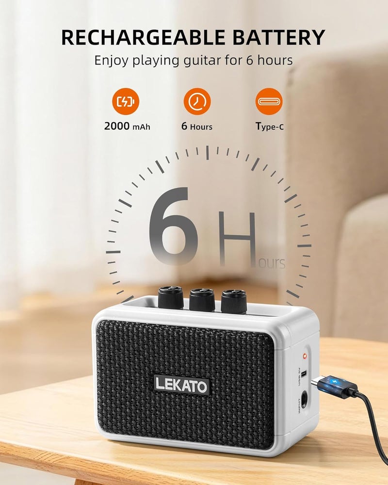 LEKATO Mini Guitar Amplifier AG-04, Dual Speakers 5W, Rechargeable Electric Guitar Amp Bluetooth with Clean Overdrive, 6H Working, Headphone Jack, Wireless Portable Small Amp for Practice (White) - Image 3